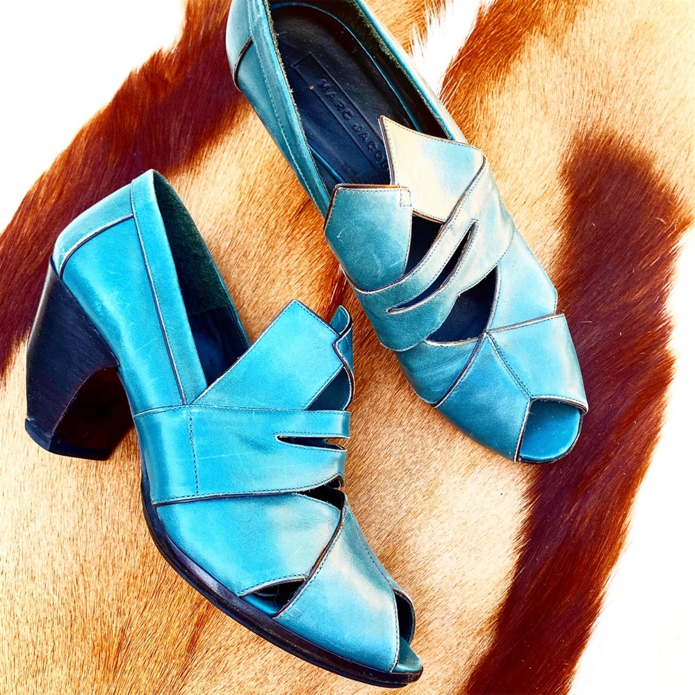 MARC JACOBS funky heel leather open toe shoes heels size 38 1/2 unique footwear